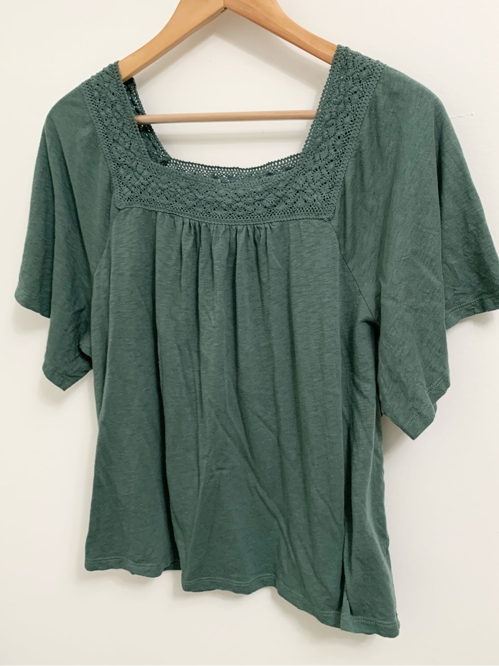 Garnet Hill Harper Lacework Knit Tee Shirt Boho Top XL Green
